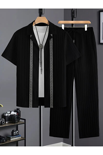 Take Two By Styli Men Plus Size Patterned Panel Shirt and Pants Co-ord Set