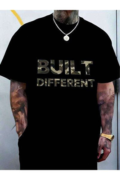 k222 1pc Man' Camo Letter Print Black TShirt Crew Neck Casual Cotton Tee Medi...