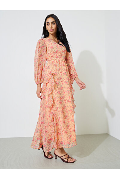 Styli Multi-Color Floral Print Ruffle Details A-Line Maxi Dress