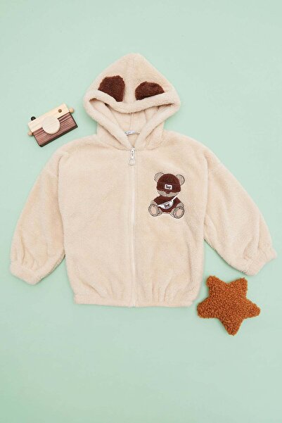 Fulla Moda Teddy Bear Embroidered Zippered Girls' Plush Coat