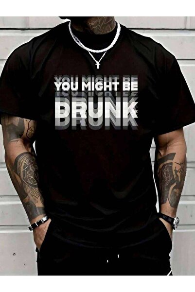 26LIK تي شيرت أسود مطبوع عليه نص "Be Drunk"، برقبة دائرية، قميص قطني كاجوال، ...