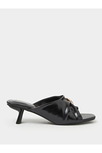 Styli Black Pleated Mid-Heel Mules with Gold Trim