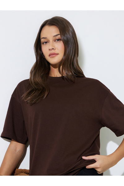 Styli Brown Round Neck Cotton Oversized T-Shirt