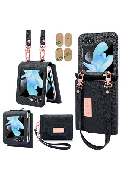 choice2 For Samsung Z Flip 5 black Girls Hand Strap Wallet Leather Phone Case...