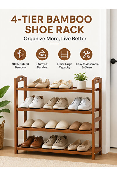 Bayt Aura 4-Tier Bamboo Shoe Rack, Sturdy Entryway Storage Organizer with Sid...