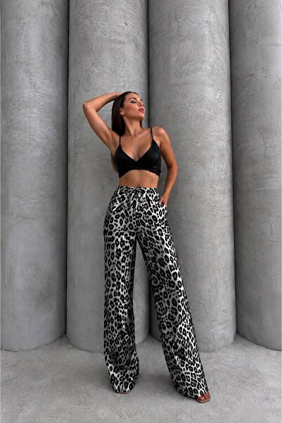 Green'DAL Women's Leopard Patterned Palazzo Trousers High Waist Wide Leg Loos...