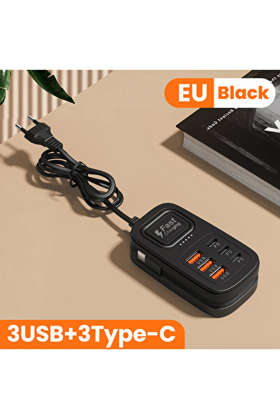Choice4 EU-3U3C-Black 6 in 1 Fast Charging Power Strip 3USB+3Type-C Mobile Ph...