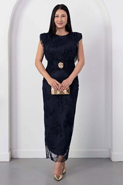 PULLIMM Oval collar buckle glitter dress grs4113