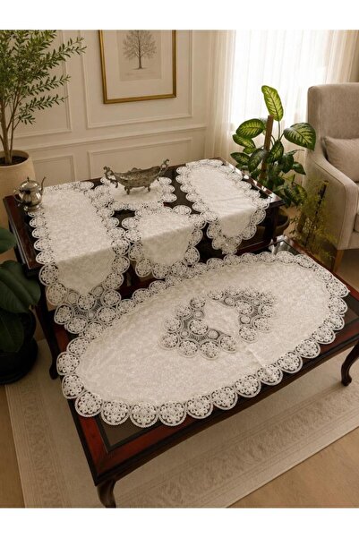 Çeyiz Diyarı Alya Velvet Living Room Set 5 Pieces Cream