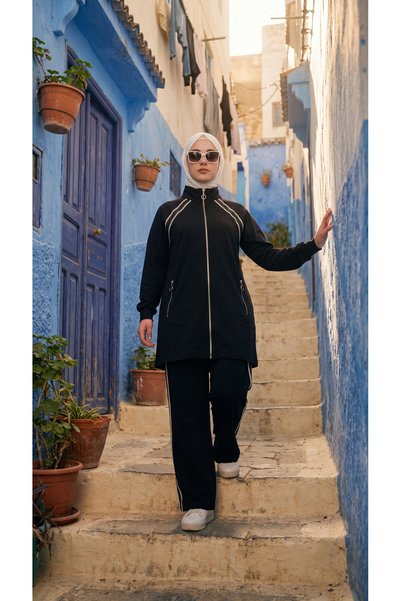 Wovi Moda طقم نسائي مكون من سترة بياقة عالية وسحاب أمامي وبنطلون واسع الساق
