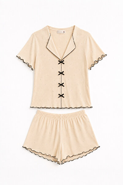 FEG STORE Powder Camisole Floral Patterned Bow Detailed Short Sleeve Shorts P...