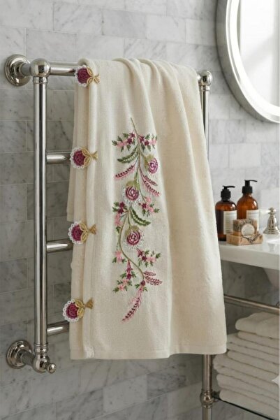 Çeyiz Diyarı Yaren Embroidered Hand and Face Towel 50X90 cm Dried Rose