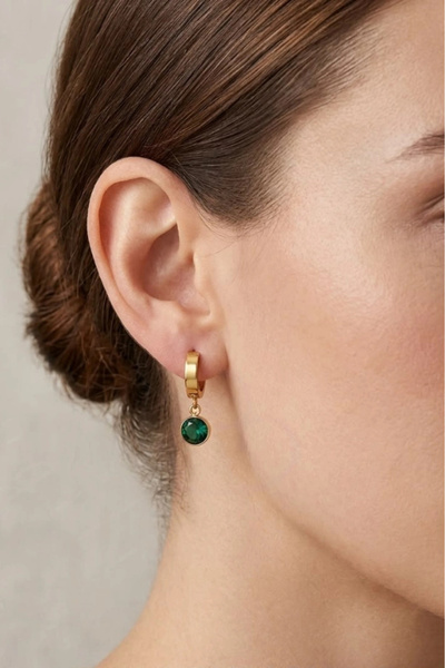 SEVGİLİ TAKI Gold Color Steel Earrings with Green Crystal Stone |   Minimal E...