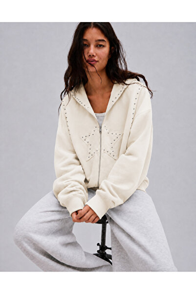 RAMİOR COLLECTION Women's Hooded Zippered Star Detailed Oversize Hoodie Cardigan