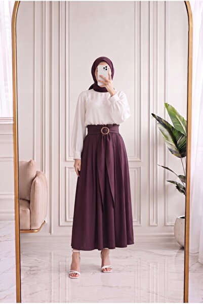 Holehola Nevrengiz Elastic Waist Belt and Buckle Detailed Skirt-Ek1016 Plum