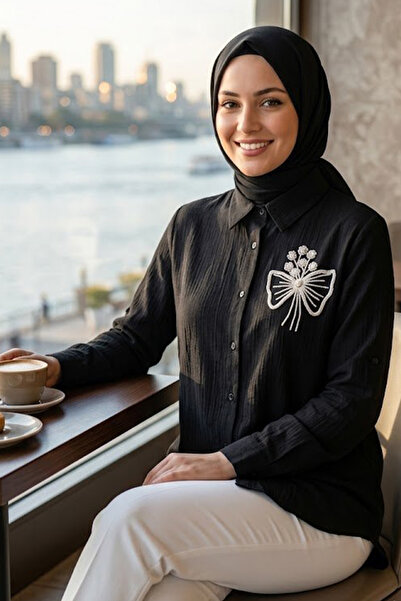 N.S NEVA STYLE Buttoned Black and White Strawberry Fabric Hijab Tunic 11201Sb