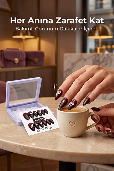 MUJGAN 12’li Takma Tırnak Seti Nail Art Desenli Parlak Görünüm Bordo Renk