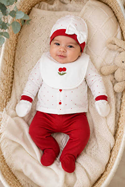 Beniizle Cherry Embroidered Point Detailed Baby Girl 5-Piece Hospital Dischar...