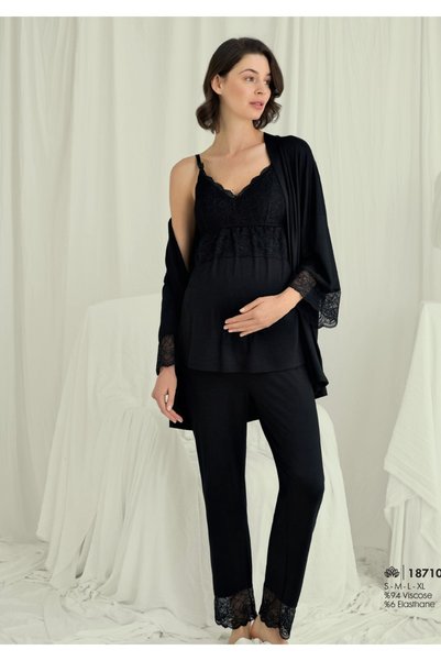 MONAMİSE Black 3-Piece Maternity Set, Women's Viscose Pajama Set with Breastfeeding Feature, V-Neck Lace Maternity Pajama and Robe Set
