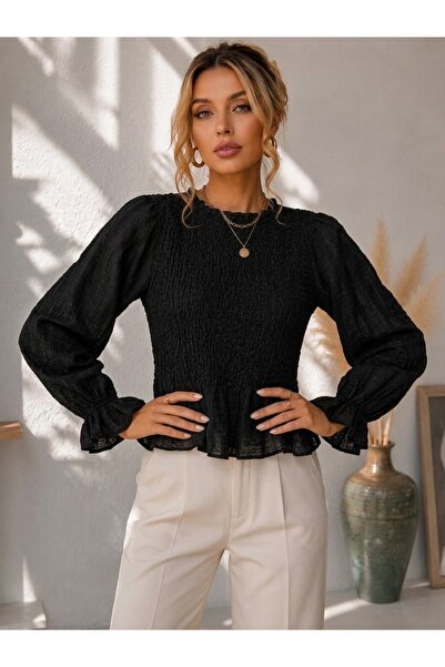 Kadın Siyah Gipe Detaylı Peplum Bluz Krinkıl Kumaş Bisiklet Yaka Fırfırlı Şık Bluz