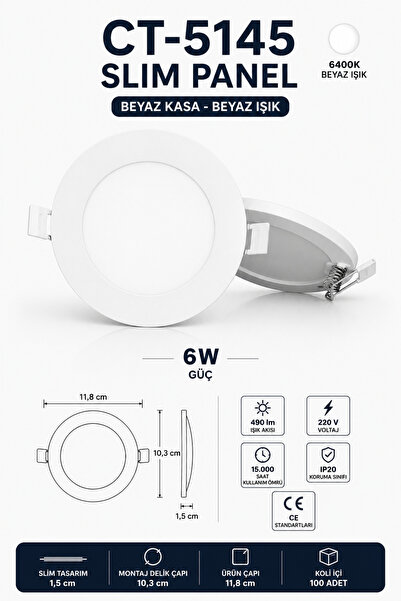Yenilig CT-5145 Slim Panel 6W Beyaz Kasa 6400K Beyaz Işık – 11,8 cm Ultra İnc...