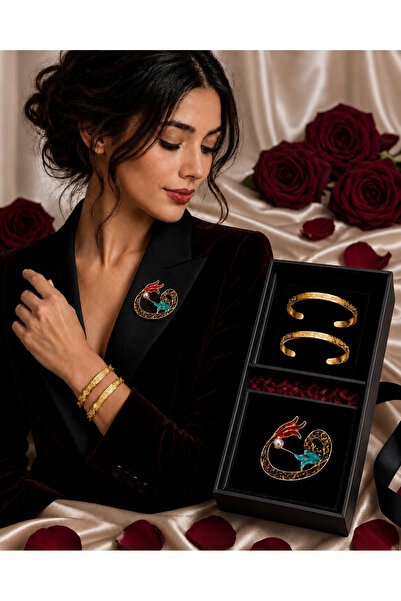 PULİNİN DÜKKANI Ayetel Kürsi Motif 2-Piece Gold Color Bracelet and Vav Figure...