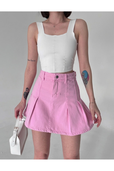 jeanlog Pink High Waist Pleated Mini Denim Skirt
