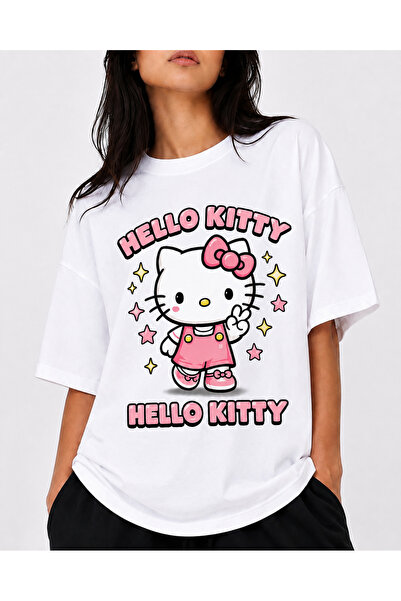 Vanteon Hello Kitty Kadın Beyaz Oversize Baskılı Bisiklet Yaka Tişört
