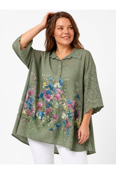EtkiModa Women's Scalloped Bat Sleeve Loose Fit Italian Style Shirt Collar Tunic