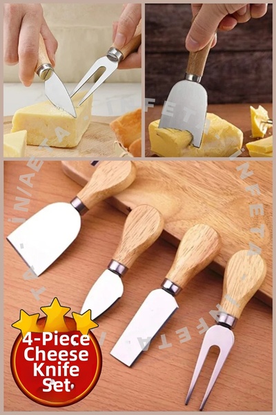 İnfeta 4-Piece Cheese Knife Set with Bamboo Handle Steel Serving Presentation...
