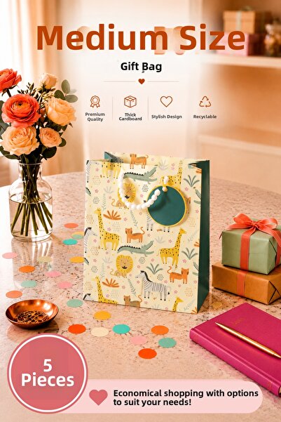 Daks 5 Pcs (23 X 18 X 10 cm) - Medium Size Cardboard Gift Bag with Safari Ani...