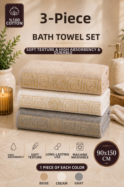 MUK's Set de prosoape de baie cu model cu dungi aurii, 100% bumbac, 3 piese, ...