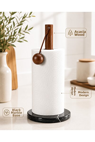 SHARI Acacia Towel Paper Holder with Marble Base Kitchen Roll Napkin Holder M...