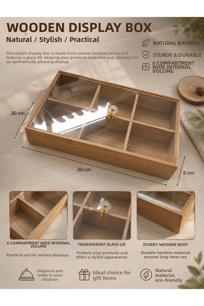 Bambu Wooden Divided Presentation Stand – Organizer Box with Transparent Plas...