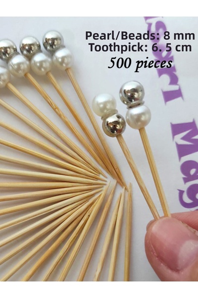 tm tasarı mağazası 500 Pcs Decorative Cream Silver Double Color Double Pearl Beaded Party Toothpicks 6.5 cm - Pearl 8 mm