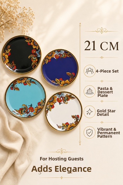 Sudedi Home 21 cm Real Gold Gilded Glass Cake and Dessert Plate Set – for 4 People
