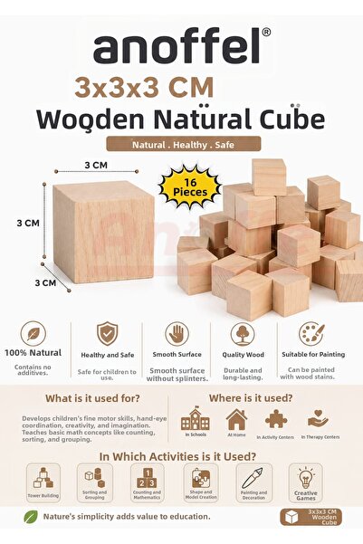 Anoffel Wooden Natural Cube Blocks 3X3X3 cm 16 Pieces