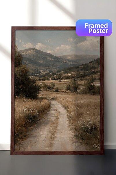 Zestia Pictură de perete vintage, peisaj rural pe drumul montan, înrămat maro...