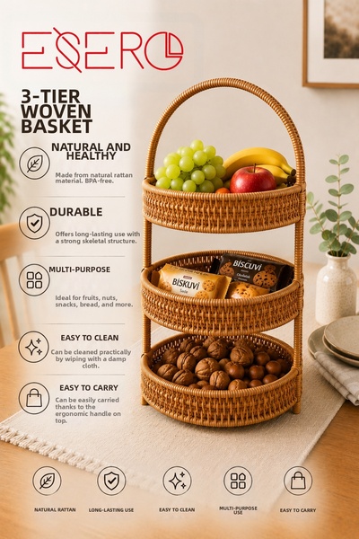 ESERO 1060 3-Tier Wicker Stand Fruit Holder Presentation Basket Kitchen Living Room Organizer