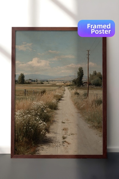 Zestia Pictură murală vintage, peisaj de vară pe drumul rural, înrămată maro ...