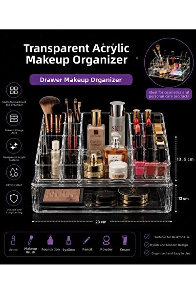VitaMood Yaşam Clear acrylic makeup organizer - multi-compartment cosmetic an...