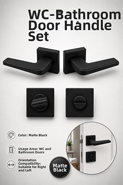 NZB Wc Bathroom Pvc Door Handle 1 Set with Square Badge Matte Black Stylish M...