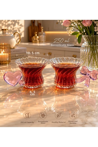 morponi Set of 2 Pink Heart and Bow Handle Borosilicate Glass Mugs 250 ml