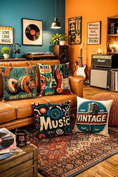 EVPANYA Retro Music Patterned 4-Piece Throw Pillow Cover Set