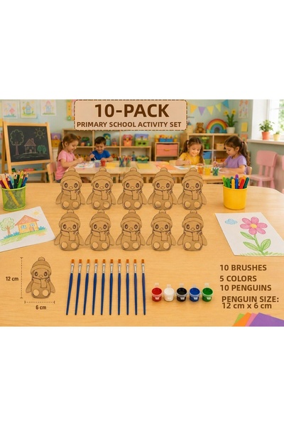 WoodStory 10 Penguin Finger Puppets 5 Acrylic Paints 10 Brushes / Wooden Pain...