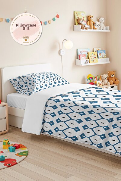 Evimde Bambaşka Blue Geometric Modern Young Room Single Pique Set-White Black...