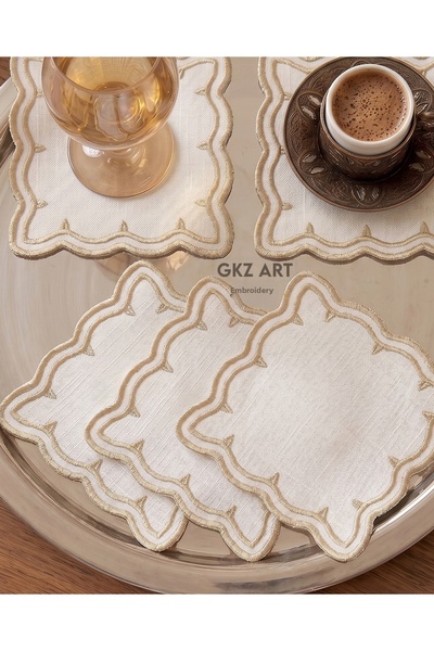 gkzglass home dekor 6 Linen Fabric Embroidered Coffee Side Cocktail Napkins & Coasters Serving Napkins