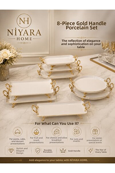 Niyara home 8-Piece Porcelain Set with Handles Gold Reflection of Elegance an...