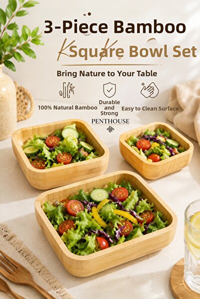 Penthouse 3-Piece Bamboo Square Bowl Set Natural Bamboo Multi-Purpose Serving...