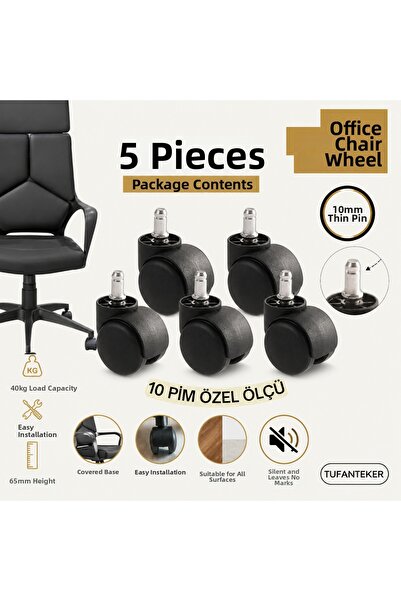 UYGUR TEKER A.Ş Office Chair Wheel 10mm Thin Pin Set of 5 65mm Silent Furnitu...